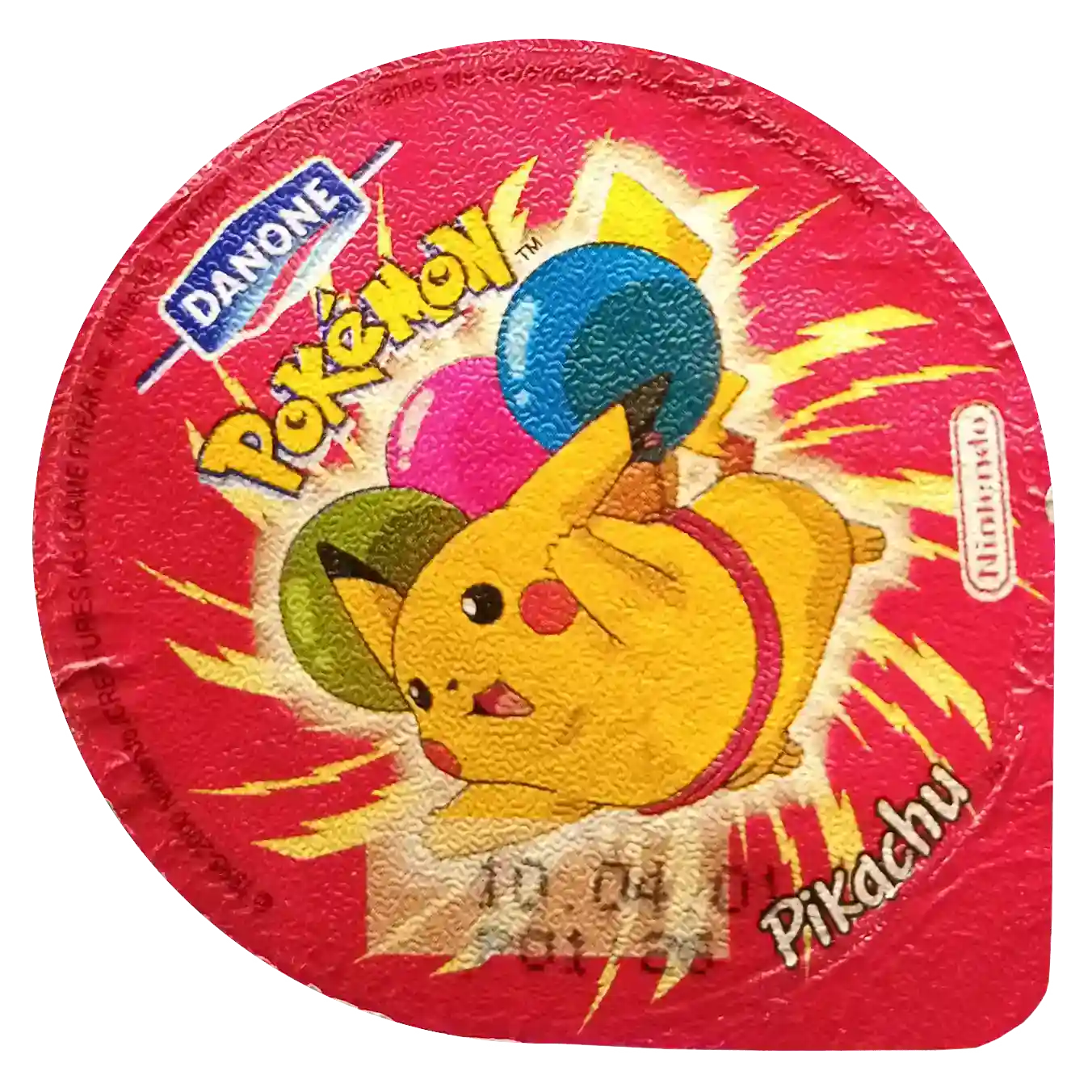 wieczka pokemon danone latający pikachu z balonami na czerwony tle z piorunami