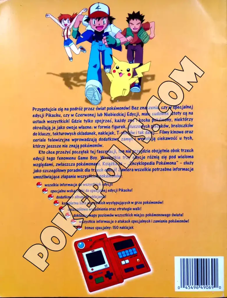 pokemon oficjalny przewodnik do gier gameboy nintendo yellow, red, blue tył okładki z trenerami i pokedexem