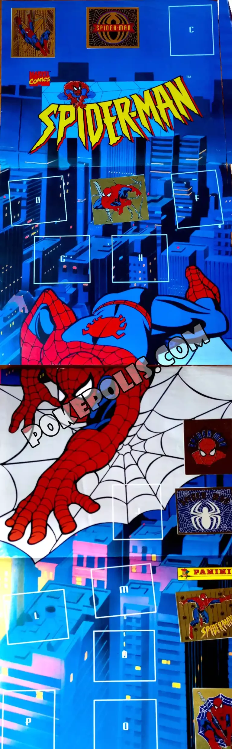 spider-man album kolekcjonerski z naklejkami panini opowiadający o przygodach człowieka pająka znanych z serialu animowanego plakat