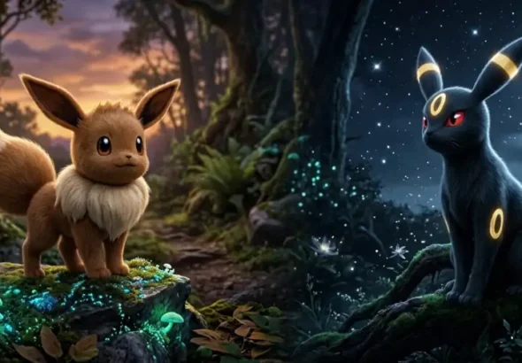 Eevee i Umbreon w lesie - jak ewoluować eevee w umbreona