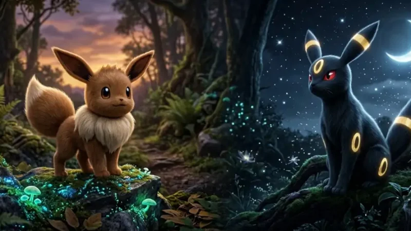 Eevee i Umbreon w lesie - jak ewoluować eevee w umbreona