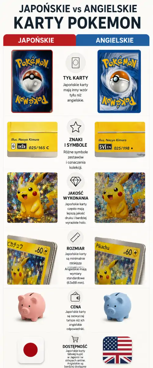 Japońskie karty Pokémon - infografika przedstawiająca różnice między wydaniami japońskimi i angielskimi